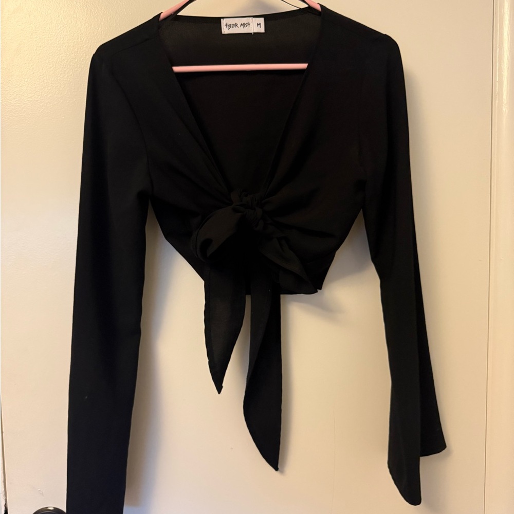 Tiger Mist Black Long Sleeve Tie-Front Blouse